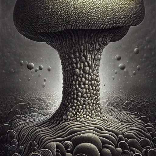 Image similar to mushroom man, fungus, freak show, surrealism, fractalism, strange, hyperdetailed, photorealistic, interesting, benoit b. mandelbrot, m. c. escher, patrick woodroffe, ernst fuchs, zdzisław beksinski, id magazine, octane, cinematic, hyperrealism, 8 k, depth of field, bokeh