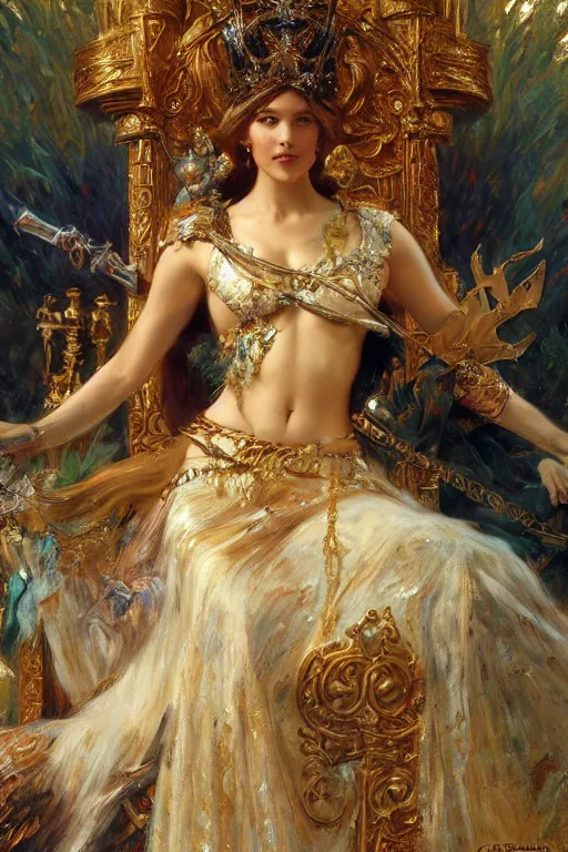 Prompt: full body portrait of forest queen astride her throne, highly detailed painting by gaston bussiere, craig mullins, j. c. leyendecker, 8 k, mid shot