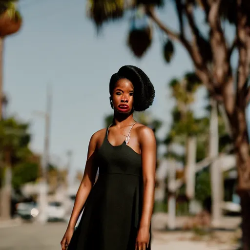 Image similar to portrait photograph of an elegant black woman wearing a sundress in Santa Monica. super resolution. 85 mm f1.8 lens.bokeh.graflex. Alessio albi