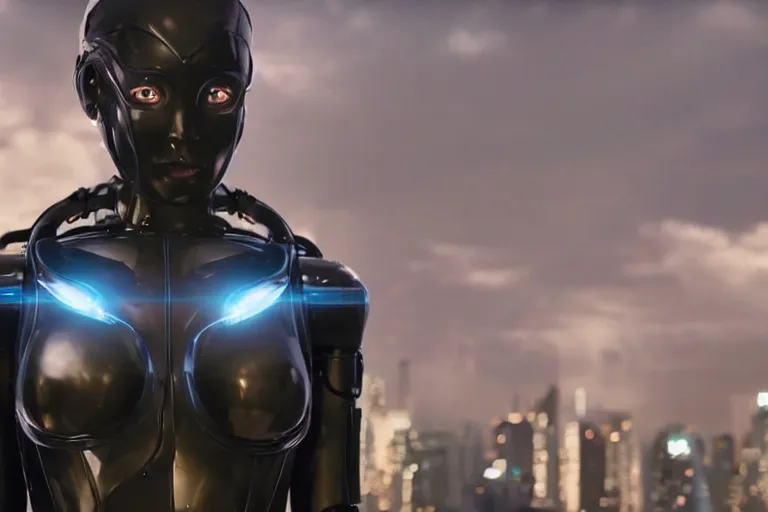 Prompt: VFX movie closeup of a gorgeous futuristic robot woman in black spandex armor in future city, hero pose, beautiful skin, natural city night lighting by Emmanuel Lubezki