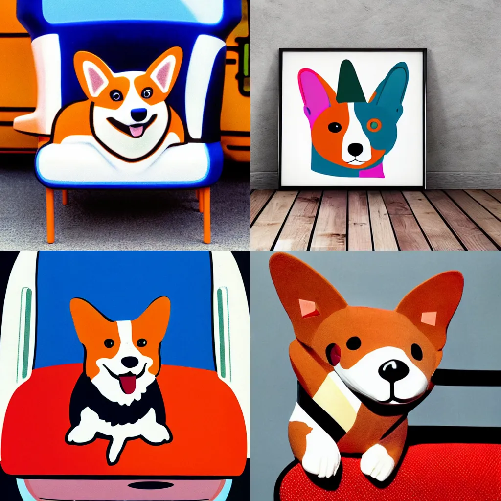 Prompt: a corgi sitting on a coach! style of memphis group, 1 9 8 0 s, bold, kitch, colorful, shapes