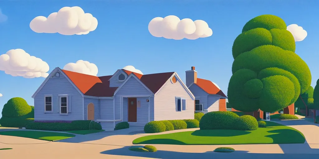 Prompt: homer simpson andthe simpsons house clouds, blue sky, summer evening, kenton nelson