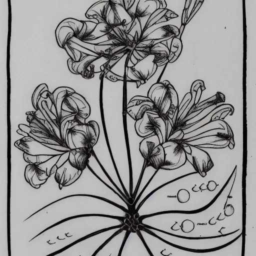 Image similar to azalea flowers in the style of the Voynich manuscript outline tattoo design, black ink on white paper