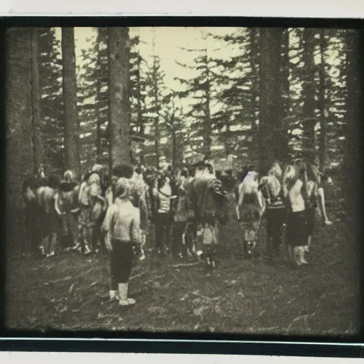 Image similar to a polaroid image of monsters gathering in the forest, grainy