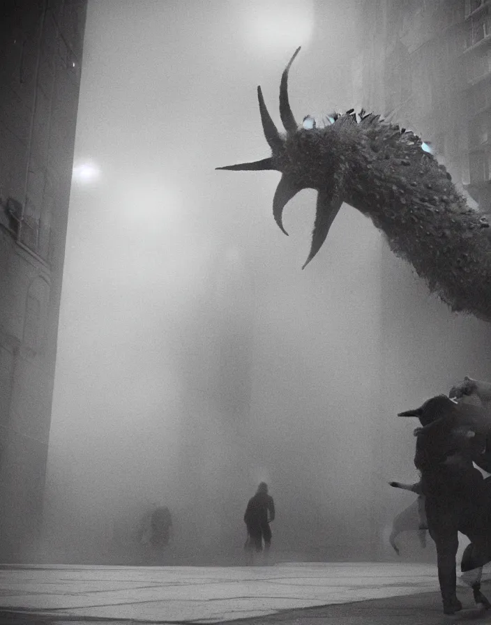 Image similar to very low - resolution found footage of a couple escaping in the city from a starfish kaiju monster, fog, foggy, korean film noir, monochrome, red hue, thriller, underdeveloped, epic, dramatic