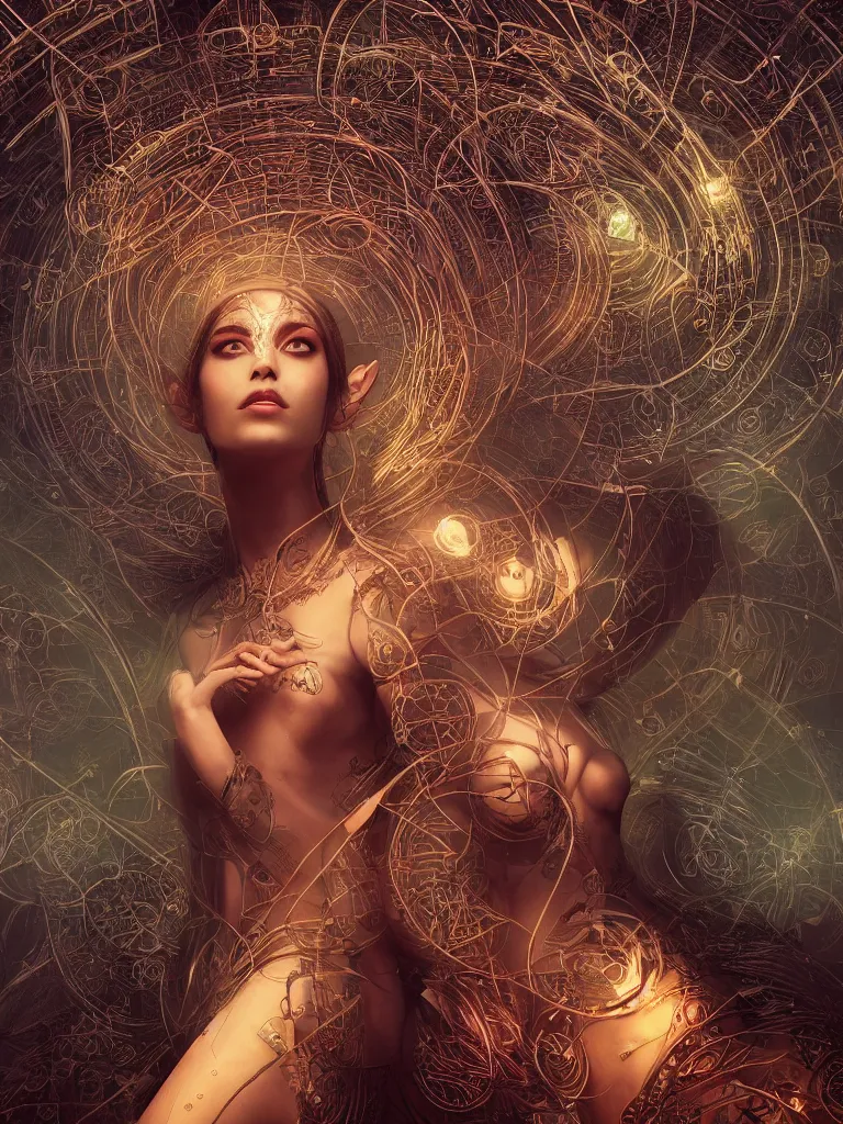 Image similar to a photo of her a mystical goddess woman covered in modular synthesizer parts surrounded by sacred geometry made from elven architecture, full body, perfect face, powerful, cinematic, beautifully lit, by ross tran, by karol bak, 3 d, octane render, 8 k