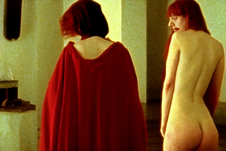 Image similar to a movie still by walerian borowczyk, immoral tales, grain, technicolor, high definition, remastered, wide angle, 7 0 mm, wide shot, cinematic