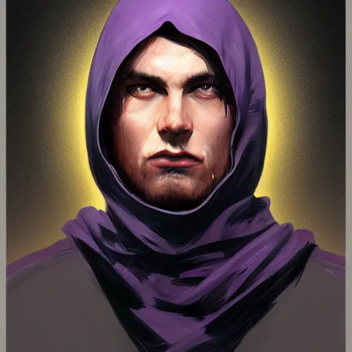 Image similar to ultra realistic illustration, man in a black hood, in a striped purple balaclava, mysterious, highly detailed, digital painting, artstation, concept art, smooth, sharp focus, illustration, art by artgerm and greg rutkowski and alphonse mucha