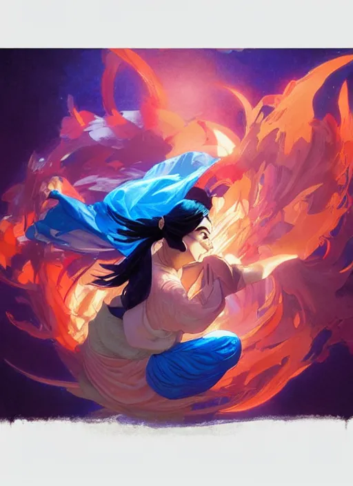 Image similar to aladdin, orange spike aura in motion, floating pieces, painted art by tsuyoshi nagano, greg rutkowski, artgerm, alphonse mucha, spike painting