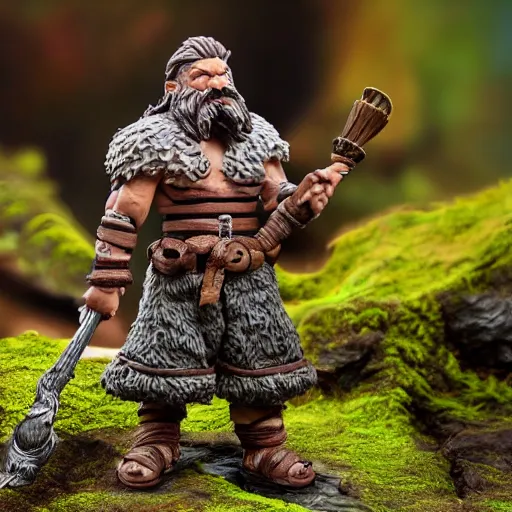 Prompt: high - res photograph of a claymation sculpture action figure warrior dwarf, highly detailed sculpey diorama, forest setting, waterfall backdrop, smooth, sharp foccus, commercial product photography,