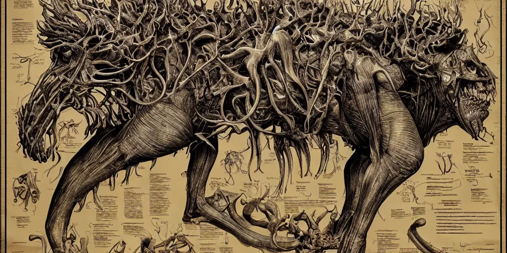 Prompt: highly detailed labeled medical anatomy poster of a animalistic god, poster paper with notes, well - lit, ray tracing, detailed, mechanism, forbidden - knowledge, intricate details, gold and silver ink, by kentaro miura, marco bucci