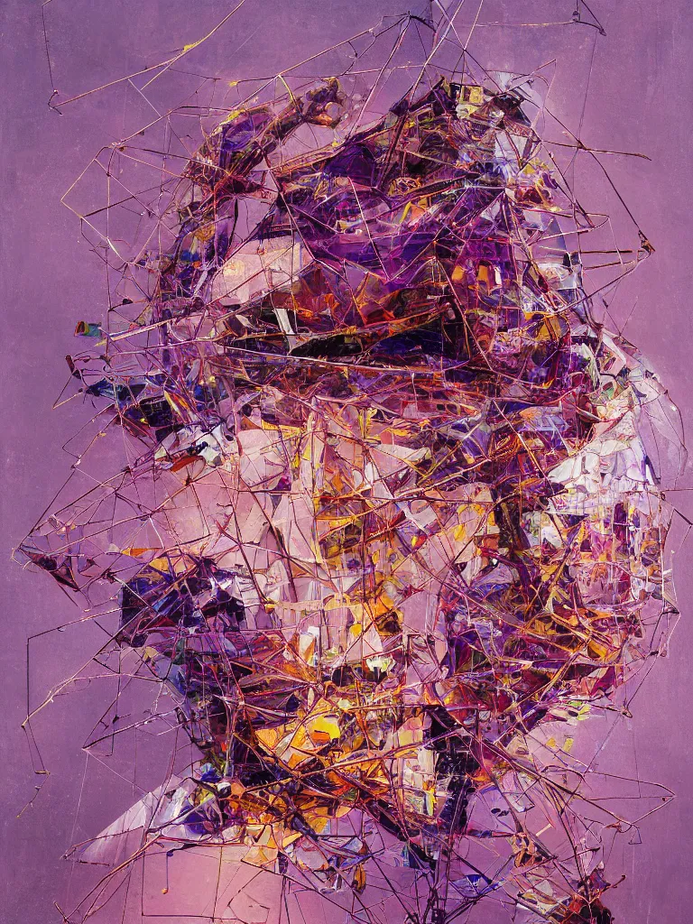 Image similar to a beautiful glitched abstract geometric painting by robert proch and robert heindel of an anatomy spinal structure study of the human nervous system on top of rectangle shapes, color bleeding, pixel sorting, copper oxide and rust materials, brushstrokes by jeremy mann, cold top lighting, pastel purple background