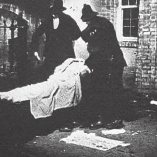 Image similar to photograph of a crime scene of the serial killer Jack the Ripper, unsettling, creepy, horrific, gruesome