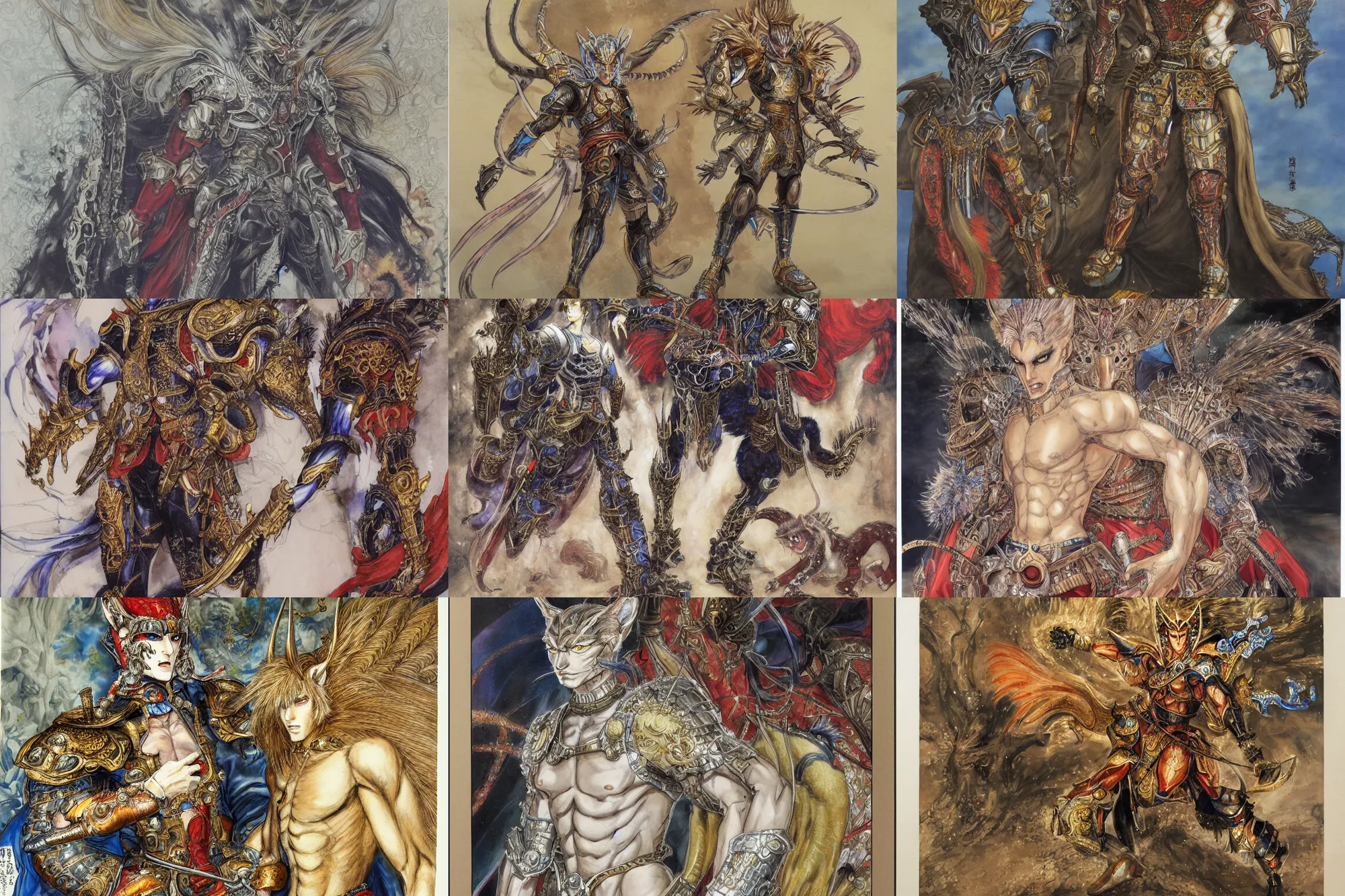 Image similar to 8k Yoshitaka Amano painting of upper body of a young cool looking slim caracal beast-man with white mane at a royal palace. He is wearing complex fantasy armors. Renaissance style.