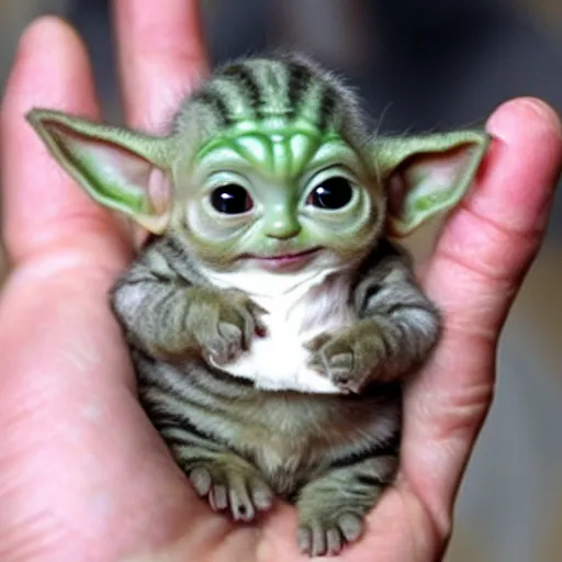 Prompt: a tiny pigmy baby yoda-kitten hybrid in the palm of a person's hand, super cute