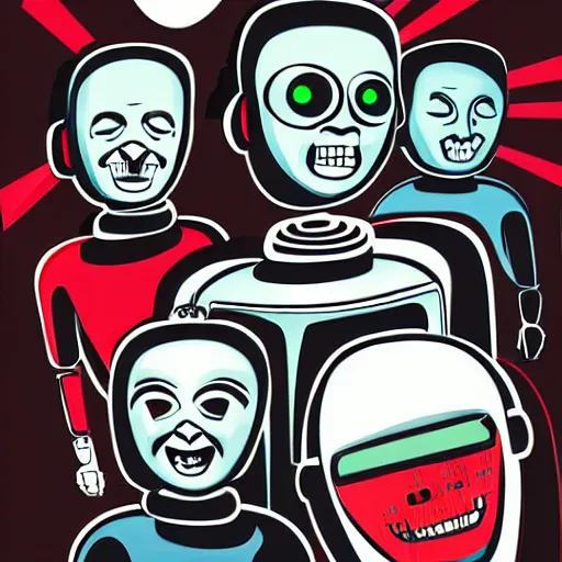 Image similar to in the style of 1960s, A scary robot is running after a bunch of scared adults ,with fully detailed faces, fully detailed , faces in focus ,4k ,HD