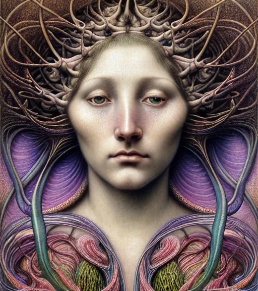 Prompt: detailed realistic beautiful polychromatic goddess face portrait by jean delville, gustave dore, iris van herpen and marco mazzoni, art forms of nature by ernst haeckel, art nouveau, symbolist, visionary, gothic, neo - gothic, pre - raphaelite, fractal lace, intricate alien botanicals, biodiversity, surreality, hyperdetailed ultrasharp octane render