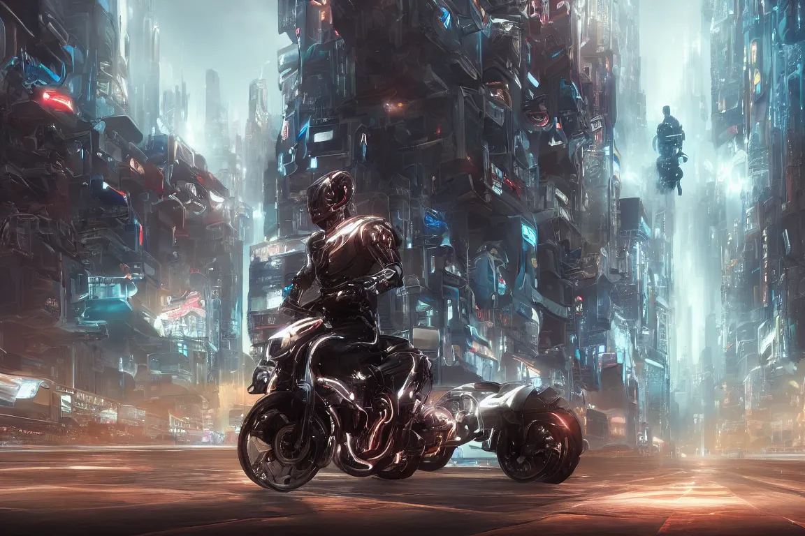 Prompt: a beautiful ultradetailed concept art of a cyborg riding a motorcycle in a futuristic city road, side view, by ryan church, trending in behance, cybernetic scifi, octane render, cinematic dynamic lighting as featured in Tron, just after rain