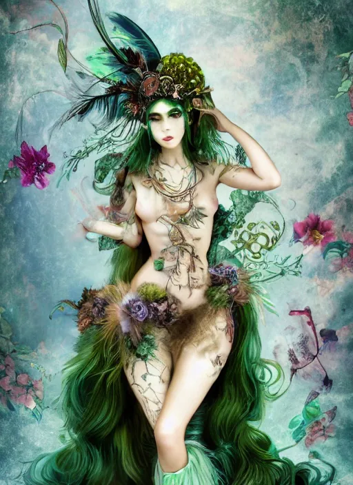 Prompt: a baroque steampunk gorgeous green haired queen of birds with a tattered dress and glasses, with feather decoration and floral growths, dreamscape, female, ross tran, vivid colors, intimate, sensual, anatomical, highly detailed sculpture, intricate detailed, ommatidia, 8 k, cinematic atmosphere, post - processing