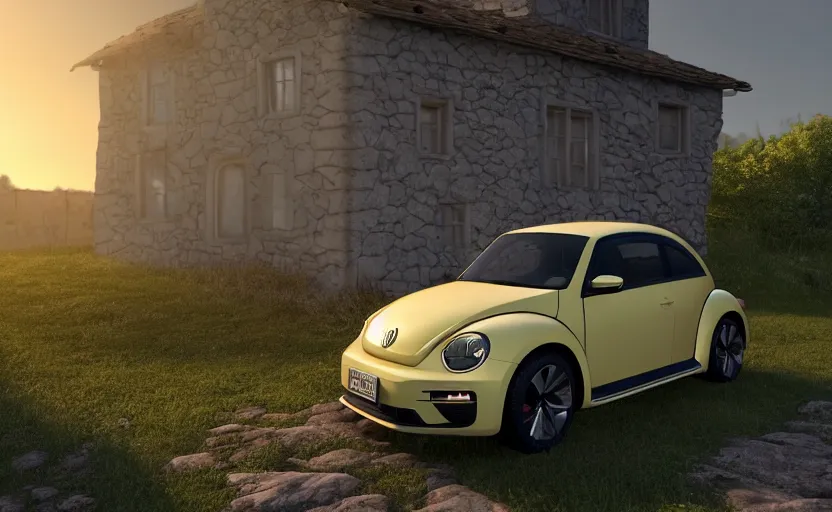 Prompt: a vw beetle parked near a small medieval stone house at sunrise, concept art, octane render, unreal engine 5, trending on artstation, high quality, 8 k, soft lighting, path traced, hyperrealistic, highly detailed, digital art, symmetrical, cinematic, high coherence, godrays