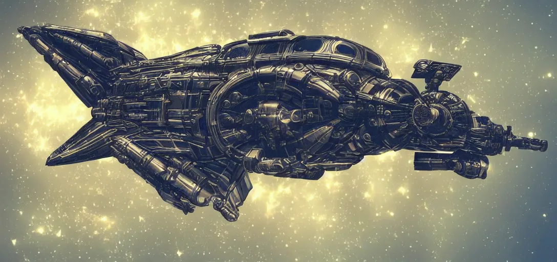 Prompt: futuristic digital art of a steampunk spaceship, deep space background, n 9