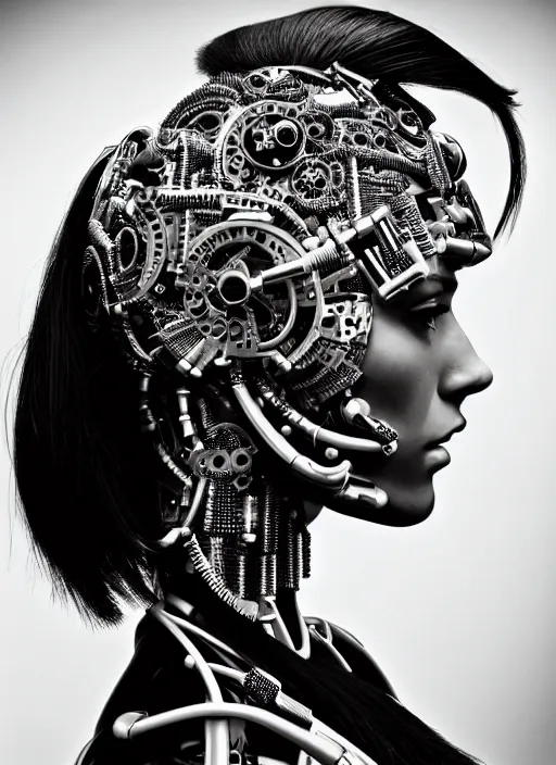 Image similar to a stunning young female cyborg profile face, face is made intricate tribal bio - mechanical, editorial photography, bw, shot on 7 0 mm, depth of field, f / 2. 8, high contrast, 1 6 k, rays of shimmering light, volumetric lighting, shiny, insanely detailed and intricate, hypermaximalist, elegant, ornate, hyper realistic, super detailed