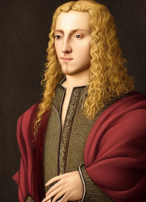 Image similar to portrait of a blond handsome man with long hair in renaissance style, anime inspired, High Res 8K,hyperdetailed