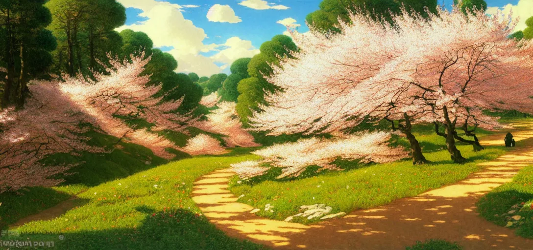 Image similar to ghibli illustrated background of a trail leading through a strikingly beautiful sulfur field, and cherry blossoms by vasily polenov, eugene von guerard, ivan shishkin, albert edelfelt, john singer sargent, albert bierstadt 4 k