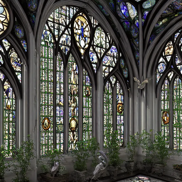 Prompt: celestial gardens, stained glass windows, hanging gardens, gothic, neo - gothic, art nouveau, polished white marble, hyperdetailed ornate silvered medieval icon, daniel merriam, john stephens, concept art, aetherpunk, unreal engine, detailed intricate environment, octane render, godrays, volumetric lighting, ultrasharp, whimsical, ethereal