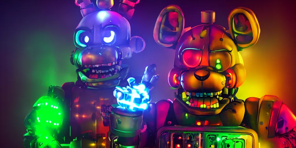 Image similar to fnaf freddy, cyberpunk, rgb, neon, hd, cinematic,