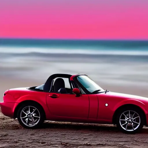 a red Mazda MX-5 parked on a beach in the moonlight in, Stable Diffusion