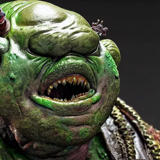 Image similar to photo taken of an epic intricate, ultra detailed, super realistic gritty, terrifying, lifelike sculpture of practical slimer ghost from created for ghostbuster but created by weta workshop, zoomed in shots, photorealistic, sharp focus, cold colour temperture, f 0. 4, face centred