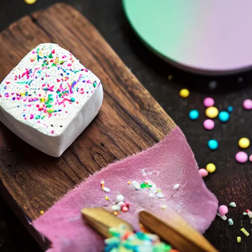Prompt: photograph of a delicious marshmallow cube with sprinkles on a dark wooden chopping board, pastel colours, hessian cloth, styled food photography, photorealistic, 4 k, canon 1 d, bohek