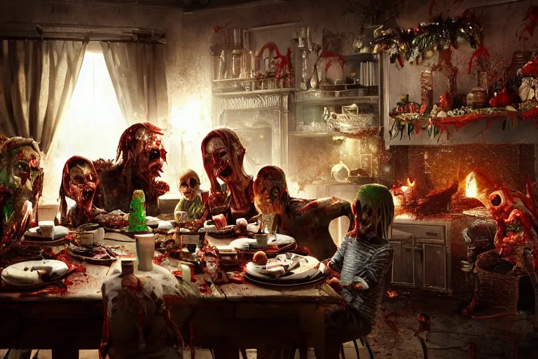 Image similar to a zombie family christmas dinner, hyper realistic, ambient lighting, concept art, intricate, hyper detailed, smooth, dynamic volumetric lighting, octane, cinematic