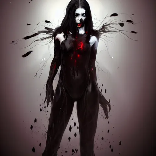 Prompt: Portrait of a pale white vampire woman with bright glowing strands of hair, dark black hair, blood dripping from her fangs,, posing ready for a fight, artstation, cgsociety, masterpiece, dark fantasy