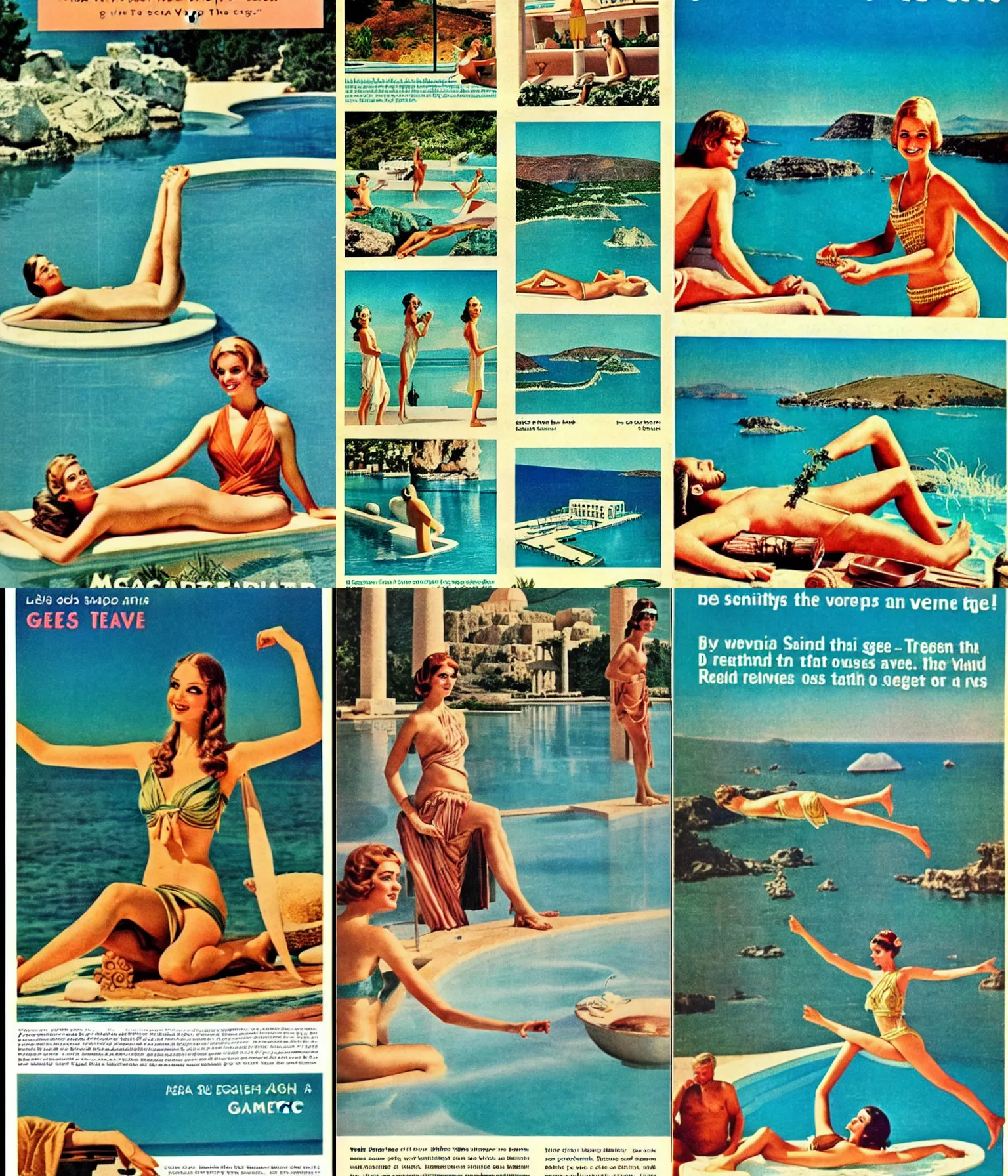 Prompt: 1970 vintage travel ad pages featuring a Greek mythology theme spa resort