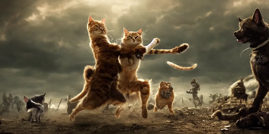 Image similar to epic battle scene cats versus dog, the last stand, Epic Background, highly detailed, sharp focus, 8k, 35mm, cinematic lighting