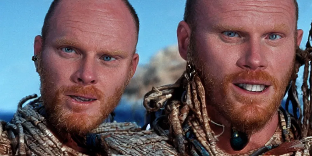 Image similar to a film still of bill burr in waterworld, high quality