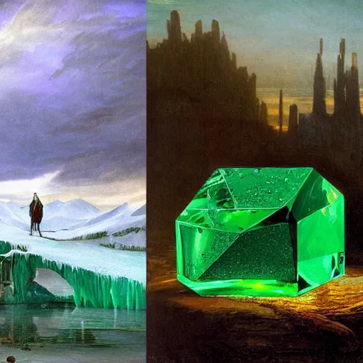 Image similar to ominous emerald crystal emerging from ice, at night, by frederic church, by kent monkman, by caspar david friedrich, king's quest, sierra games