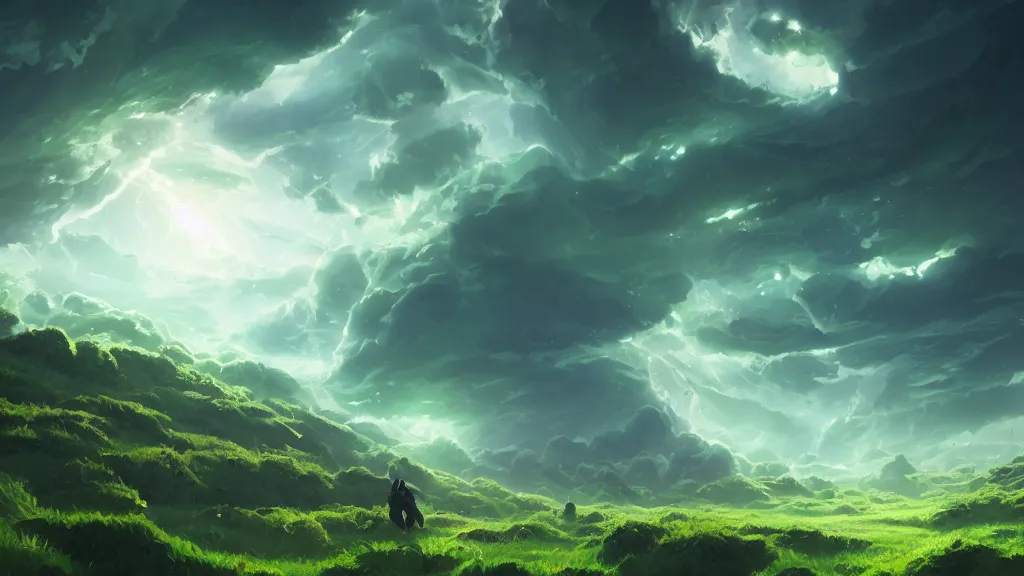 Image similar to green exploding shadow in the sky above a flat maze, waves of energy, by sylvain sarrailh, rossdraws, ambient light, ultra detailed, fantasy artwork, 8 k, volumetric lighting, trending on artstation, award winning, very beautiful.