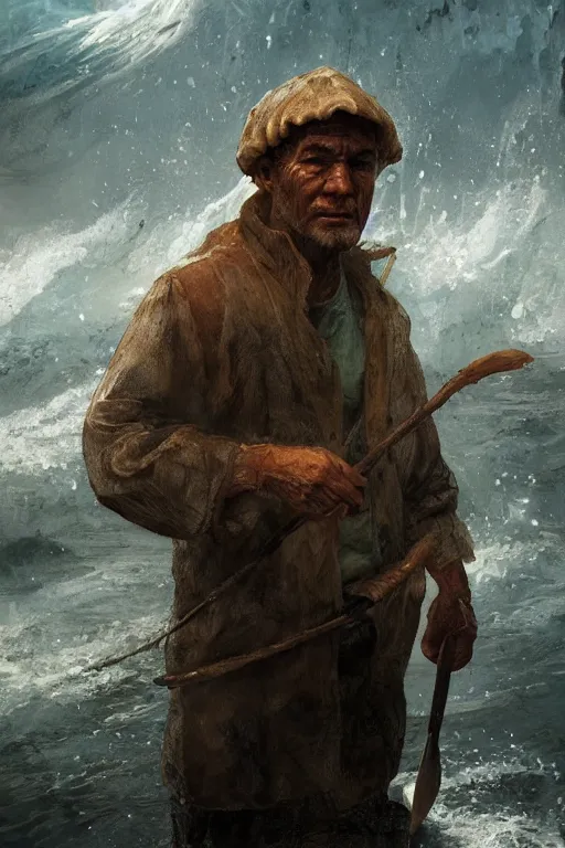 Prompt: Atlantis fisherman, close-up portrait, poor, intricate, elegant, volumetric lighting, scenery, digital painting, highly detailed, artstation, sharp focus, illustration, concept art,ruan jia, steve mccurry