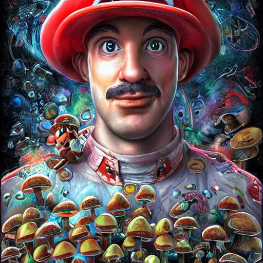 Image similar to a realistic portrait of super mario surrounded by mushrooms by android jones