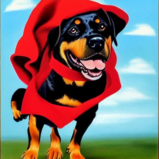 Image similar to Flying Rottweiler wearing a red cape, caricature