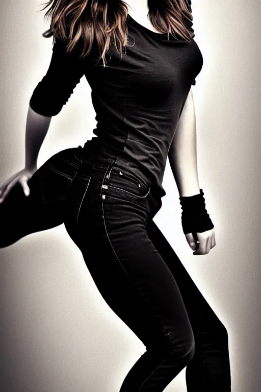 Image similar to photography emma watson wearing black tight jeans and black tight tshirt, curvy, attractive, beautiful detailed face, whole body photography, deep focus, d & d, fantasy, complex, elegant, highly detailed, digital painting, artstation, concept art, matte, clear focus, illustration, hearthstone, artgerm art, greg rutkovsky and alphonse mucha