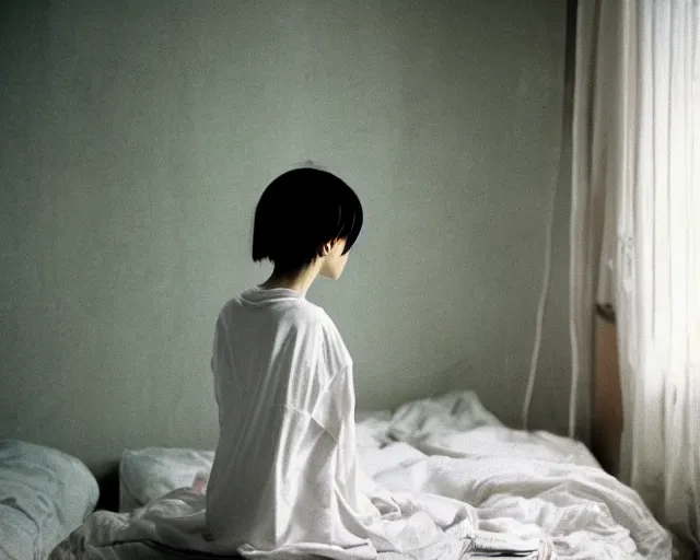 Image similar to a movie still of lone anime girl in white tshirt is sitting on poor bed in pale colors room in dark russian flat, perfect faces, fine details, anime, cinestill