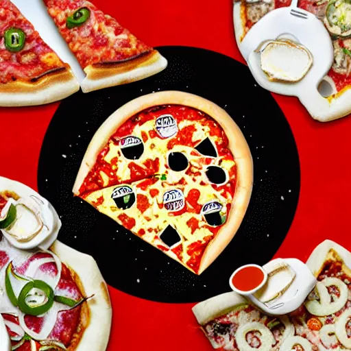Image similar to pizza in space