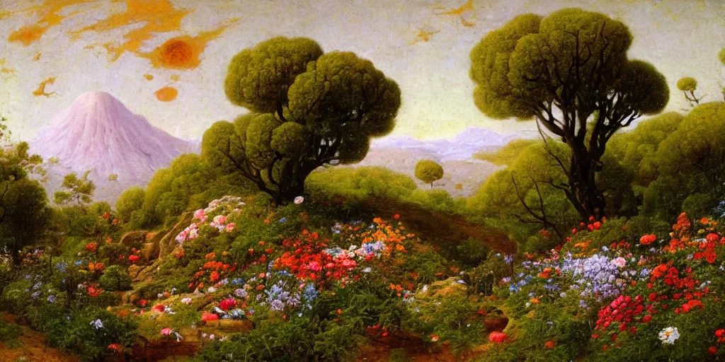 Prompt: a flowering garden in a crater on the moon, a small garden shed is standing beside the crater, impasto paint in the style of martin johnson heade and h. r. giger,