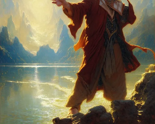 Image similar to attractive male wizard casting powerful tsunami wave spell in a beautiful lake. highly detailed painting by gaston bussiere, craig mullins, j. c. leyendecker 8 k