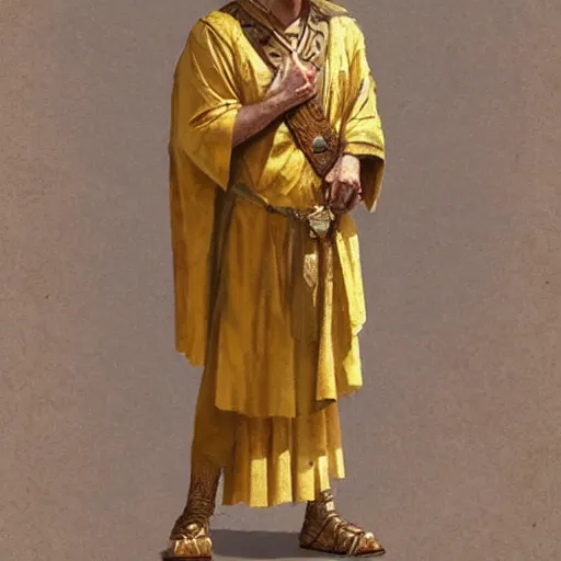 Prompt: Noble person wearing a golden toga and crossing his arms, fantasy, medieval, highly detailed, Artstation, painting by greg rutkowski