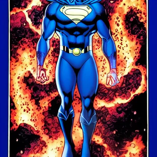 Image similar to a man in a blue suit standing in front of a fire ball, a comic book panel by jim lee, featured on deviantart, rayonism, dc comics, apocalypse art, parallax